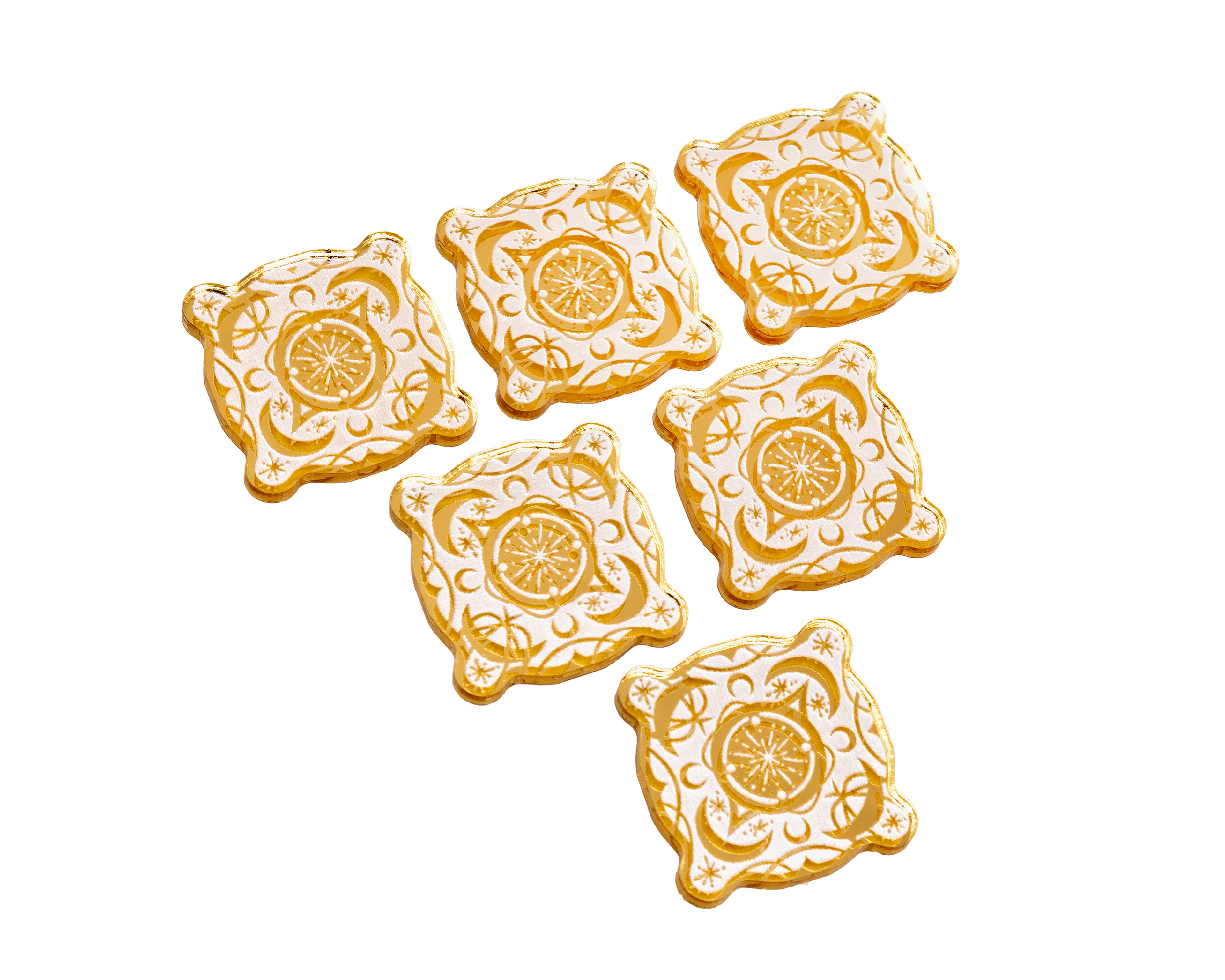 Sun design painted white on gold mirror represents Haven.