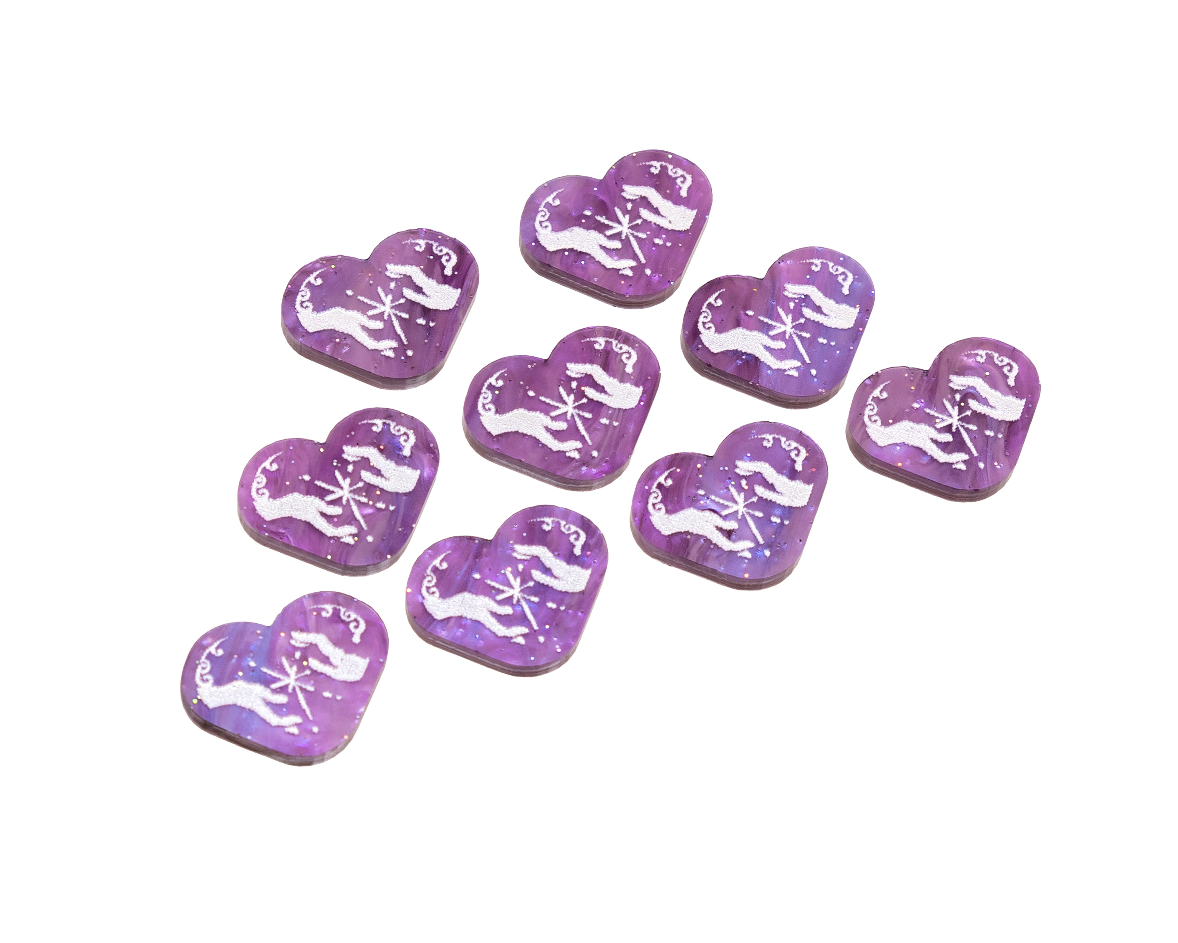 Two hands forming a spark painted white on purple marble acrylic represent Friendship.