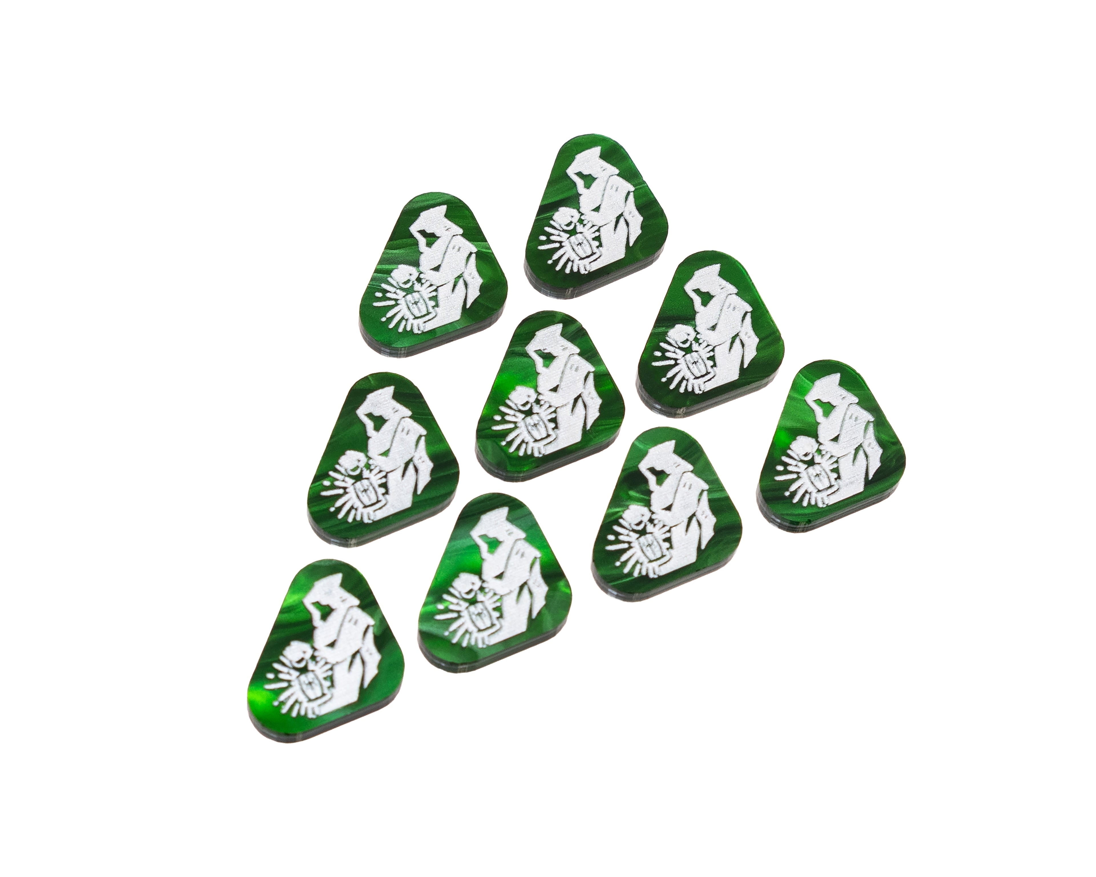 A hooded figure with a lantern painted white on green marble acrylic represents Stealth.