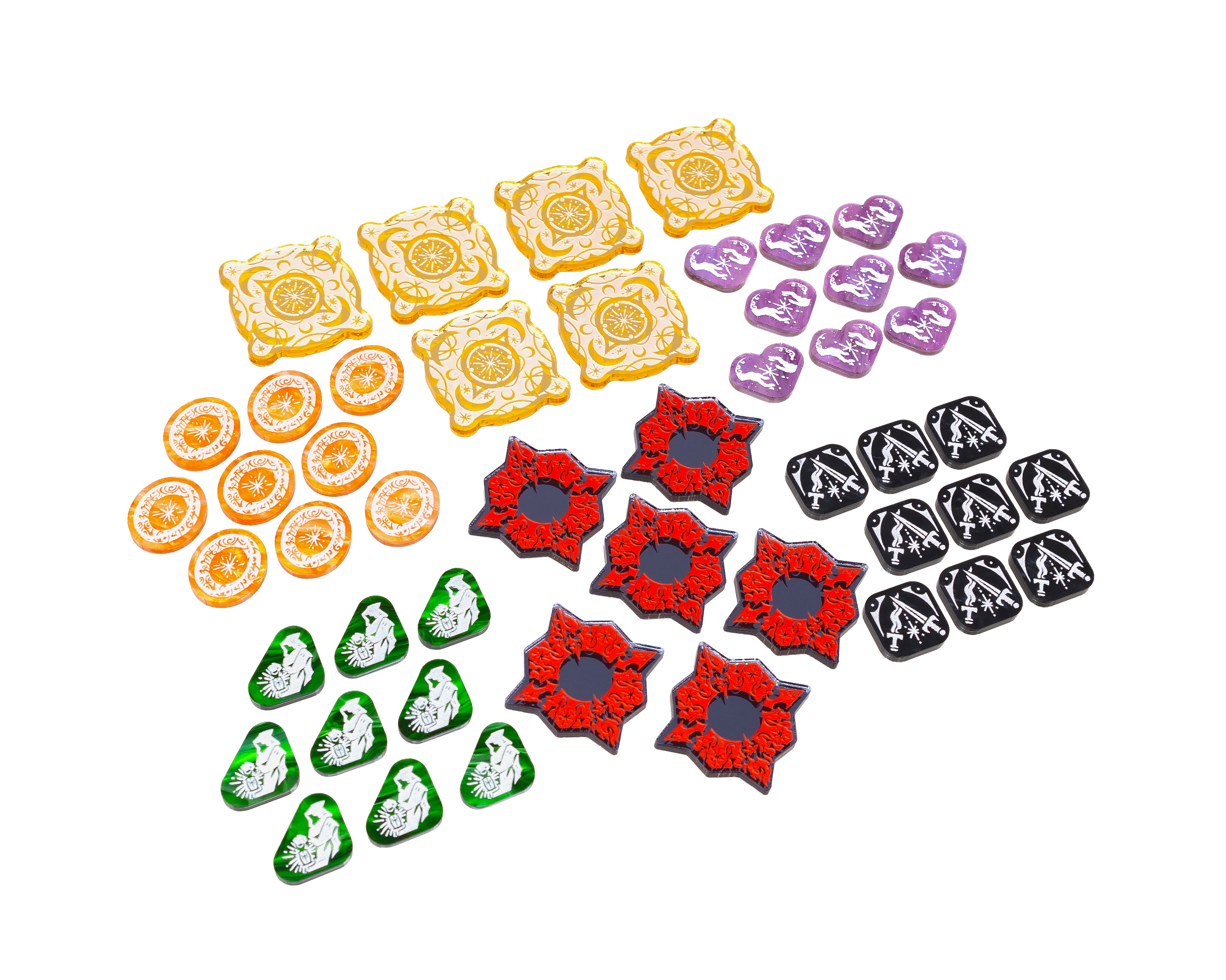 Set of colorful tokens on a white background. Sun design painted white on gold mirror represents Haven. Arrows and swirls painted red on black mirror material represents Stronghold. Two hands forming a spark painted white on purple marble acrylic represent Friendship. The One Ring painted white on orange marble acrylic represents Resistance. A hooded figure with a lantern painted white on green marble acrylic represents Stealth. Two daggers painted white on black marble represent Valor.