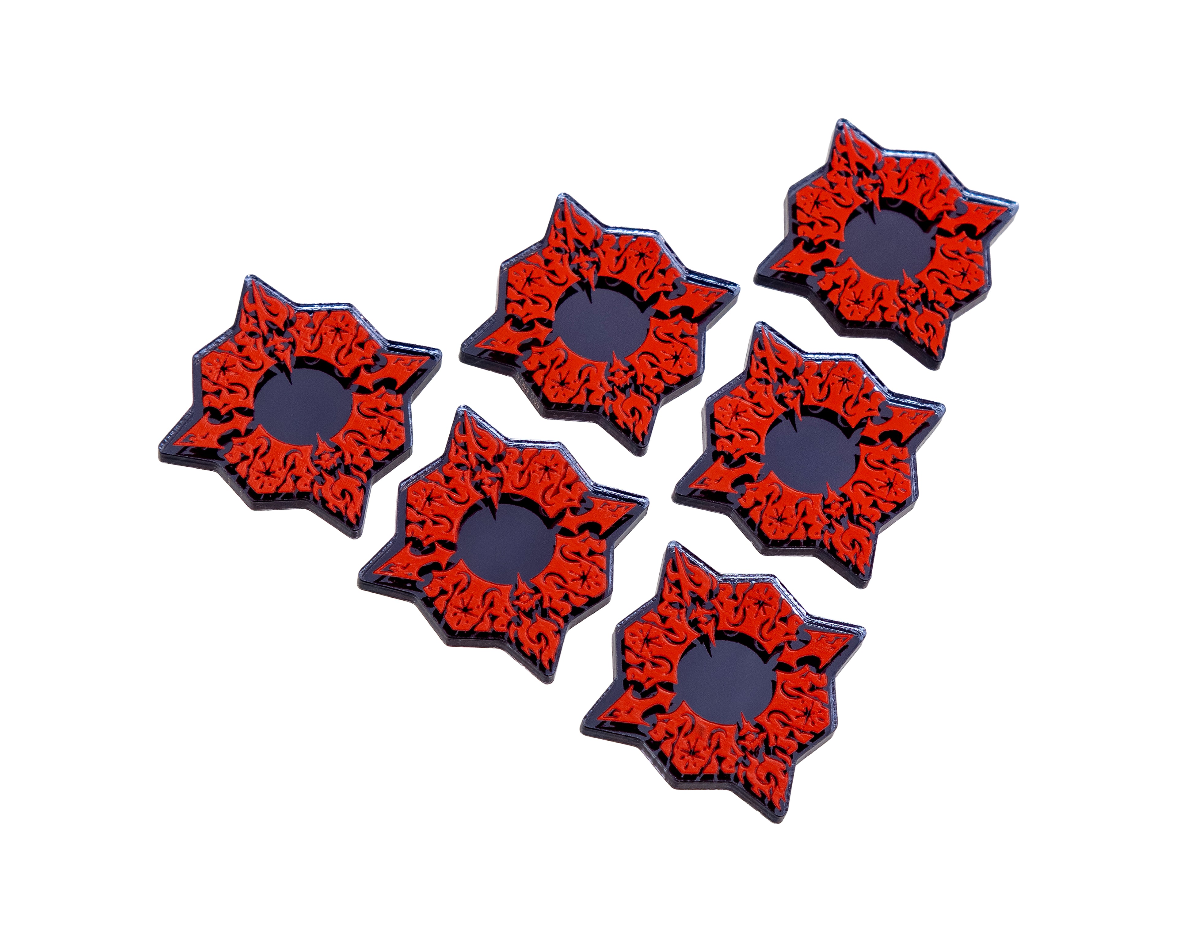 Arrows and swirls painted red on black mirror material represents Stronghold.
