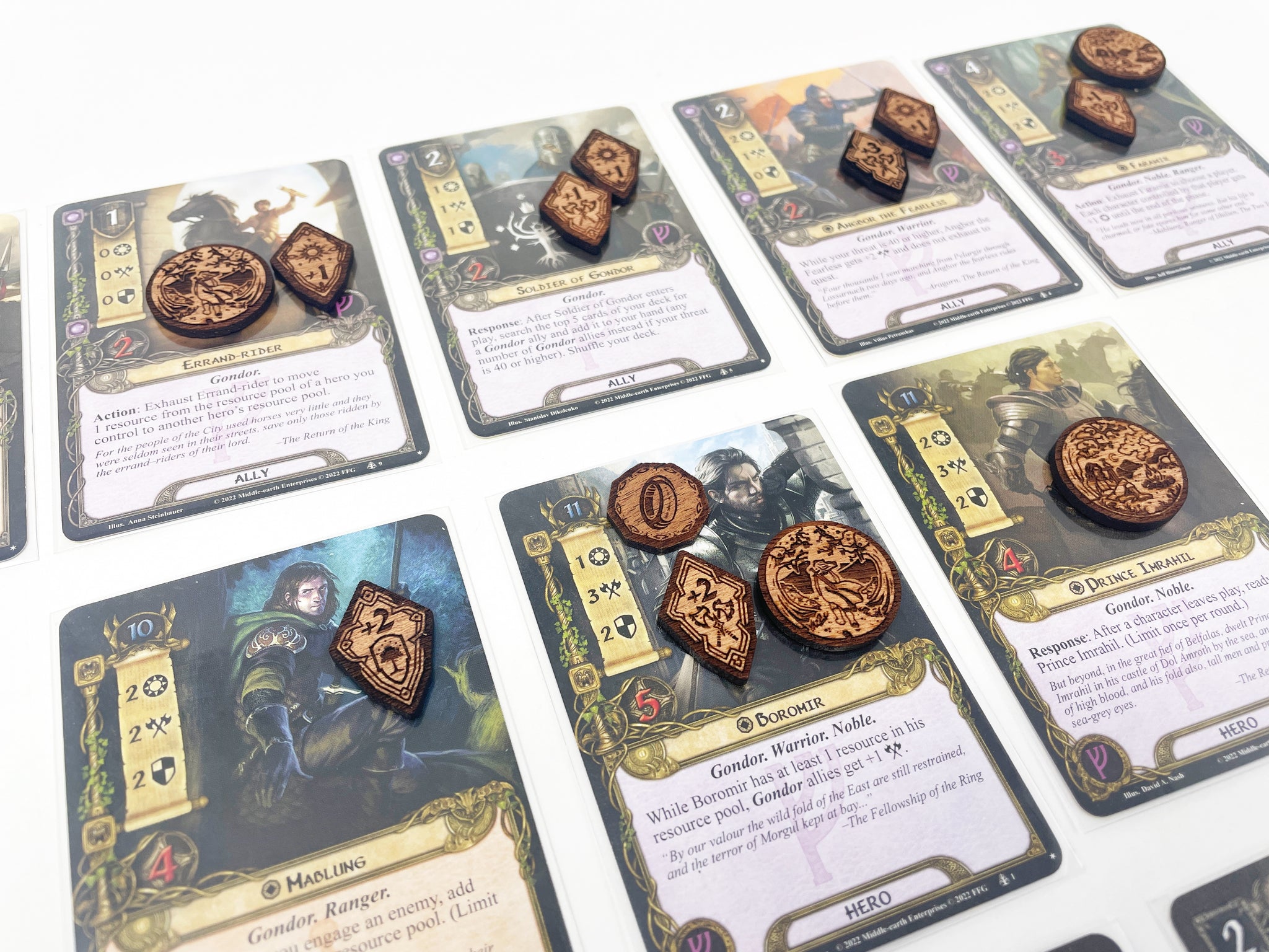 2 x Defence 3/4 Stat Boost Modifier Tokens - Lord Of The Rings LCG, Solid Mahogany (double sided)