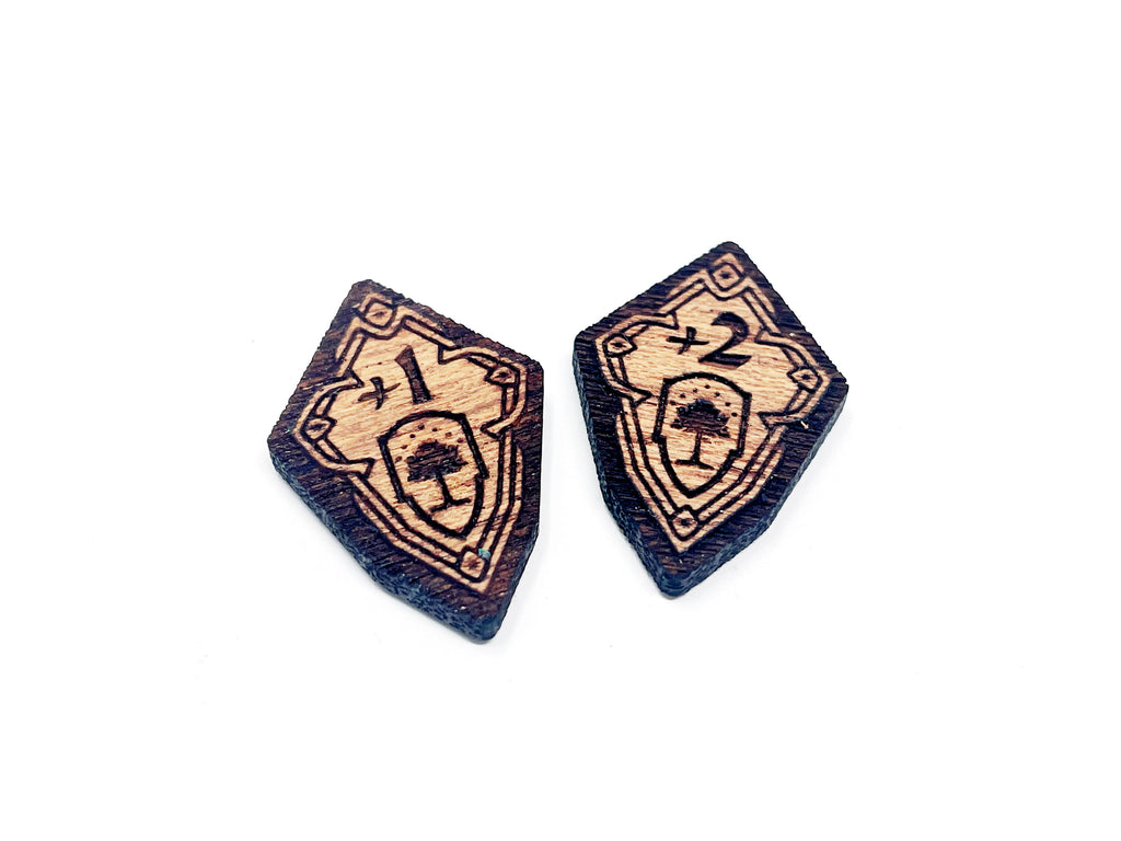 2 x Defence 1/2 Stat Boost Modifier Tokens - Lord Of The Rings LCG, Solid Mahogany (double sided)