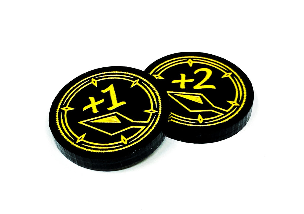 2 x +1/+2 Damage Modifier Tokens (double sided) for Flesh and Blood TCG