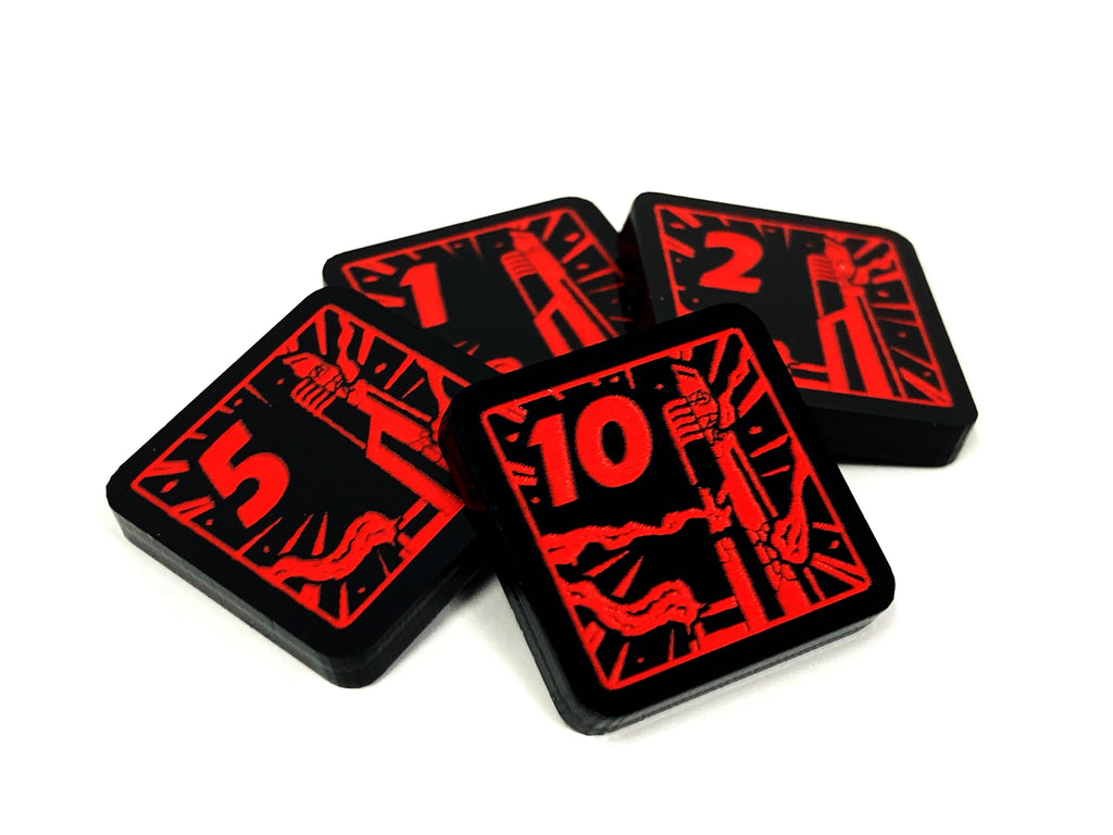 4 x Tower damage Tokens (red, double sided) for Marvel Champions LCG