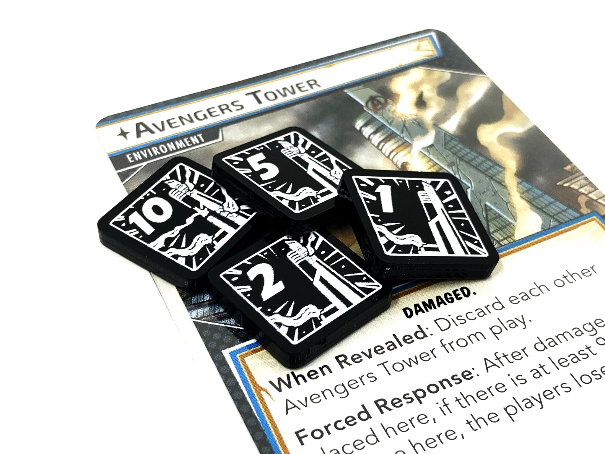 4 x Tower damage Tokens (white, double sided) for Marvel Champions LCG